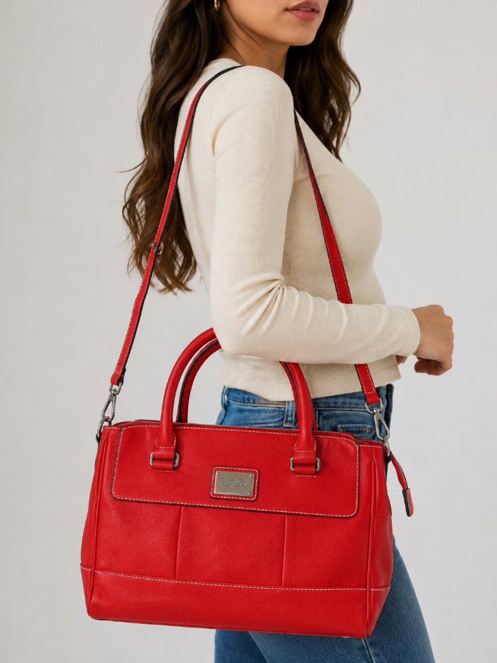 Kenneth Cole Reaction Red Satchel Tote Bag Crossbody Purse Silver Hardware
